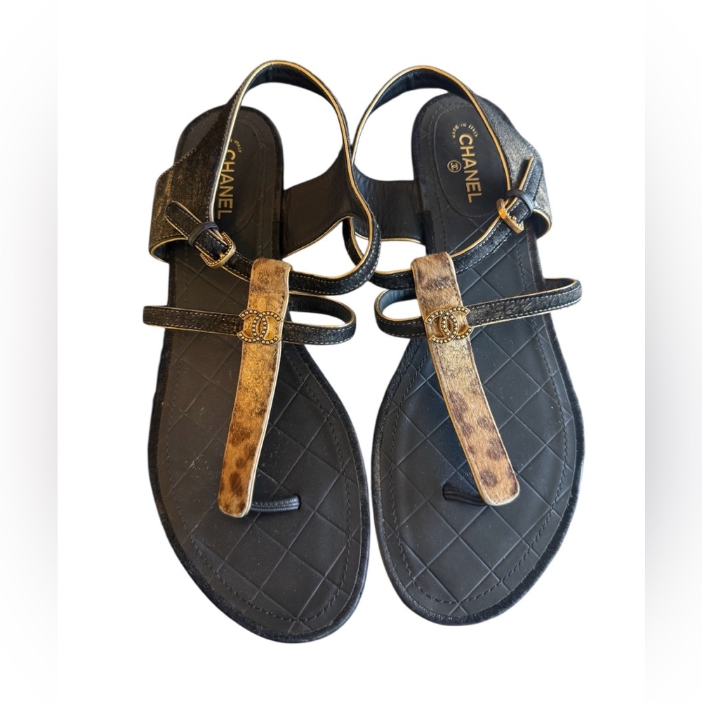 CHANEL Ponyhair T-Strap Strappy Sandals Size 39.5 (US 8.5) Ret $745